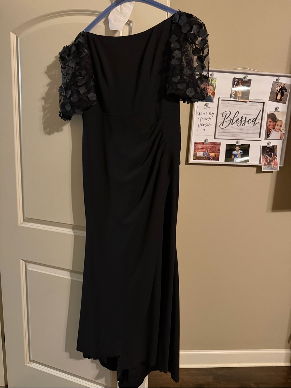 Xscape Black Midi Dress with 3D Floral Puff Sleeves